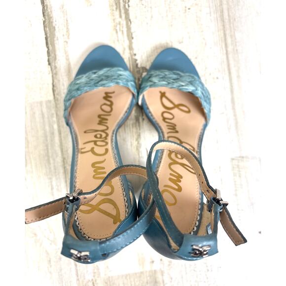 Sam Edelman Women’s 7 Blue Yoana Raffia Leather Ankle Strap Heeled Sandals - Picture 6 of 9
